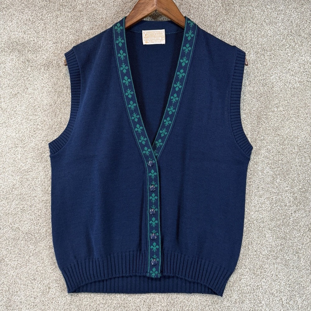 Pendleton Sweater Vest sz L 100% Wool Fluer De Lis Navy Green V Neck VTG 90s